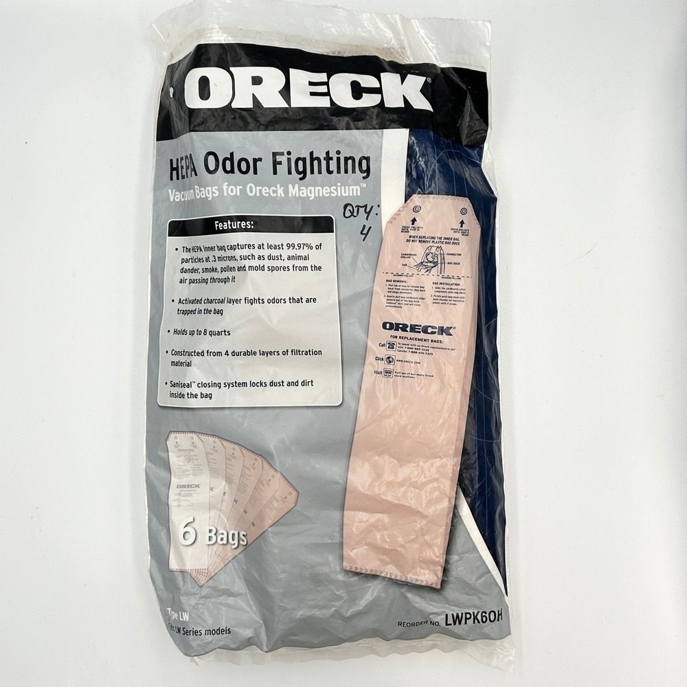 Oreck Magnesium HEPA Odor Fighting‎ Vacuum Bags Type LW LWPK60H 4-Pack Tan